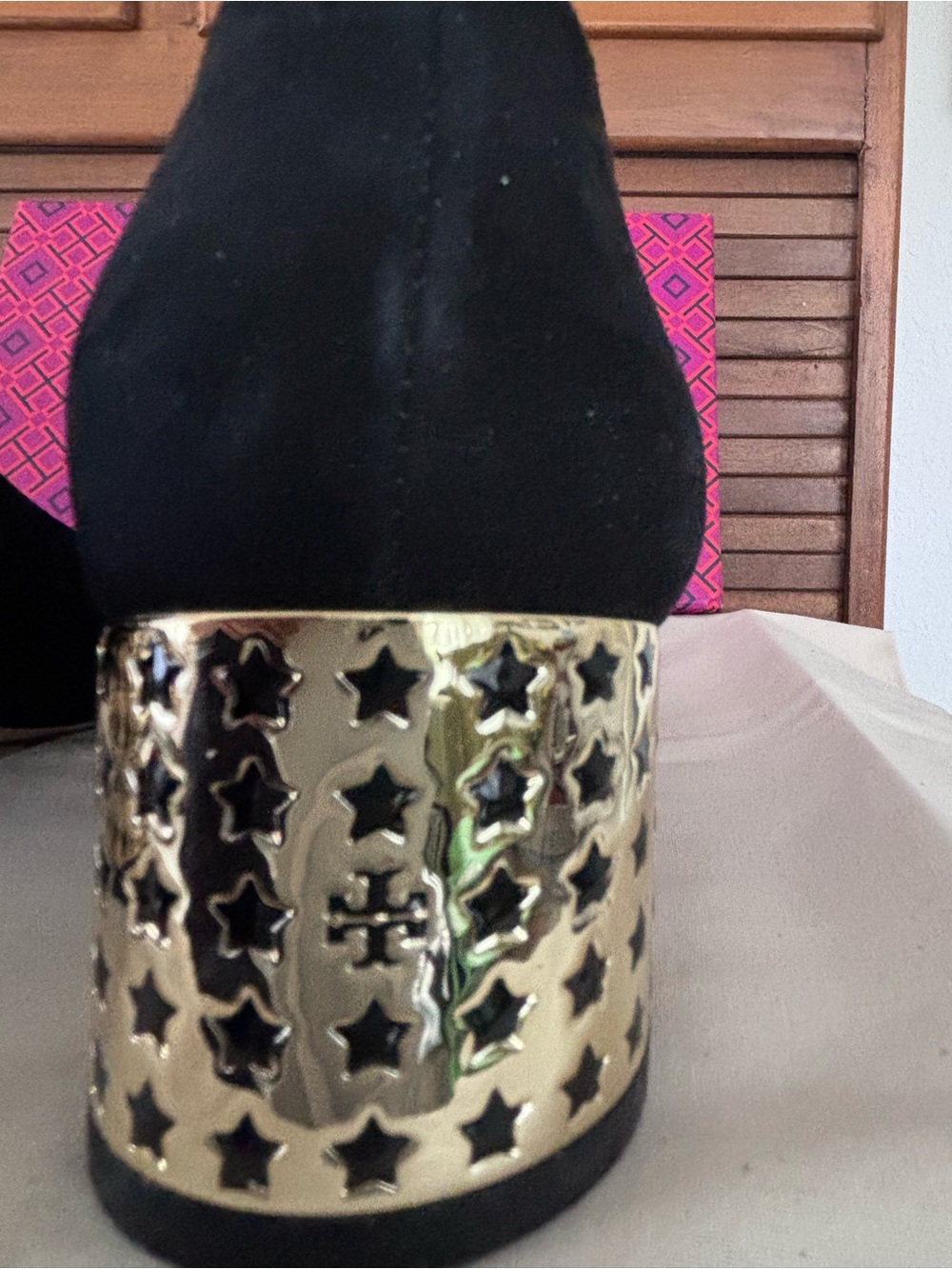 Tory Burch Black Suede Heel with Gold Logo Heel Wrap Size 8